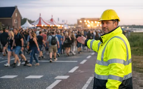 Verkeersregelaar wijst festivalbezoekers de weg over een toegangsweg