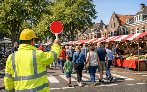 Verkeersregelaar met stopbord laat voetgangers oversteken bij een markt