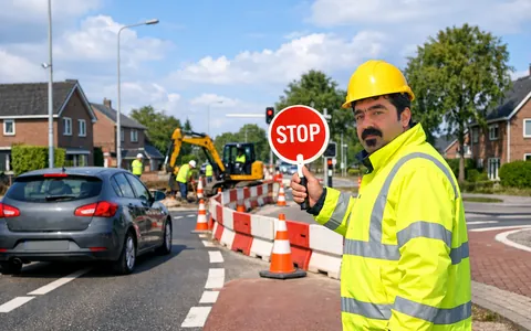 Verkeersregelaar houdt een auto staande bij wegwerkzaamheden op een kruising