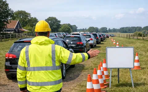 Verkeersregelaar wijst aankomende auto’s een tijdelijke parkeerlocatie in