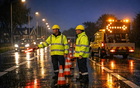 Twee verkeersregelaars leiden ’s nachts verkeer om een onverwachte afzetting heen