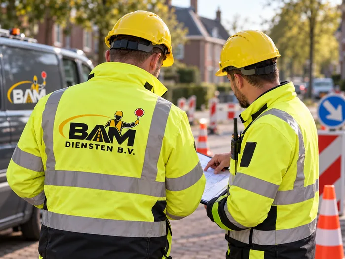 Twee verkeersregelaars van BAM Diensten bekijken samen de werkplanning op locatie